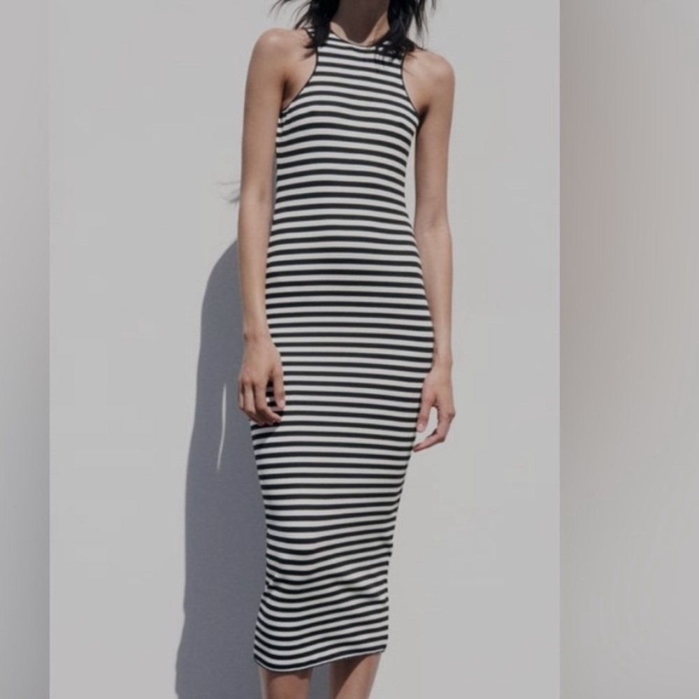 Zara Black and White Striped Bodycon Maxi Dress
